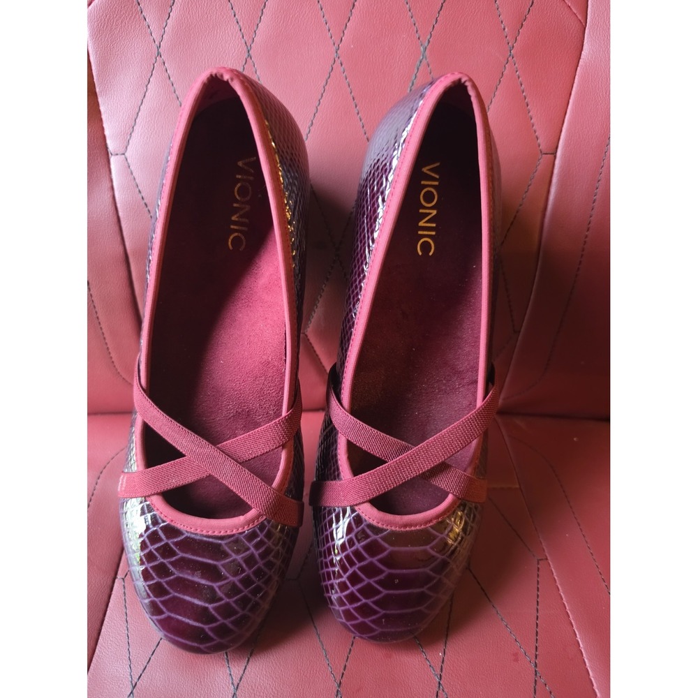 Vionic Dakota Leather Croc Red Plum Wedge Flat Orthotic Shoe Comfort Women 9 M - Picture 3 of 6